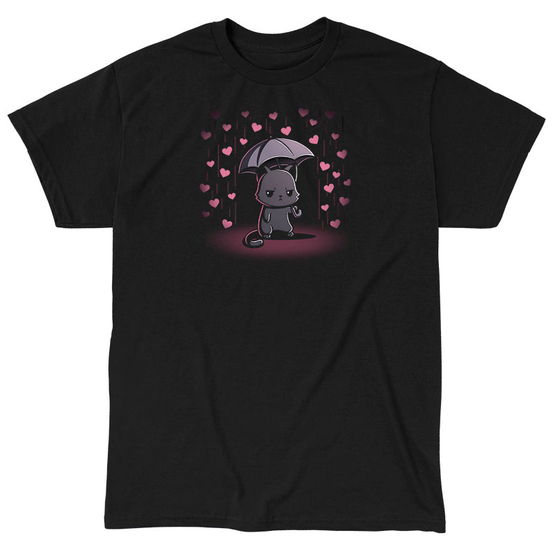 Classic Cotton T-shirt_TeeTurtle black Feeling Forecast Nope Classic Cotton T-shirt featuring a cat frowning and holding an umbrella, in the background there is pink rain with hearts.