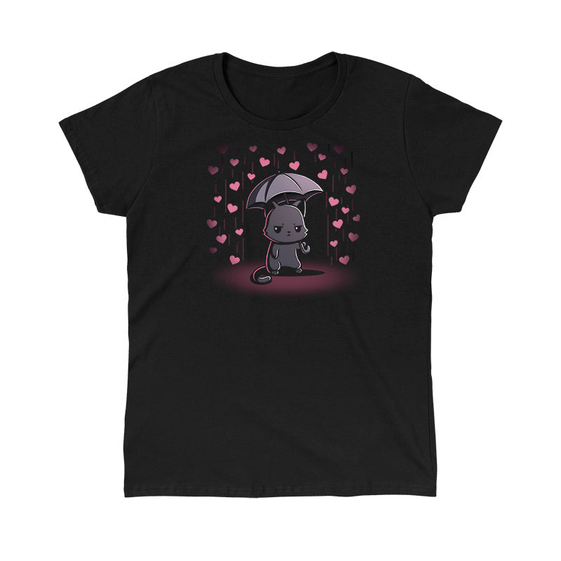 Classic Cotton T-shirt_TeeTurtle black Feeling Forecast Nope Classic Cotton T-shirt featuring a cat frowning and holding an umbrella, in the background there is pink rain with hearts.