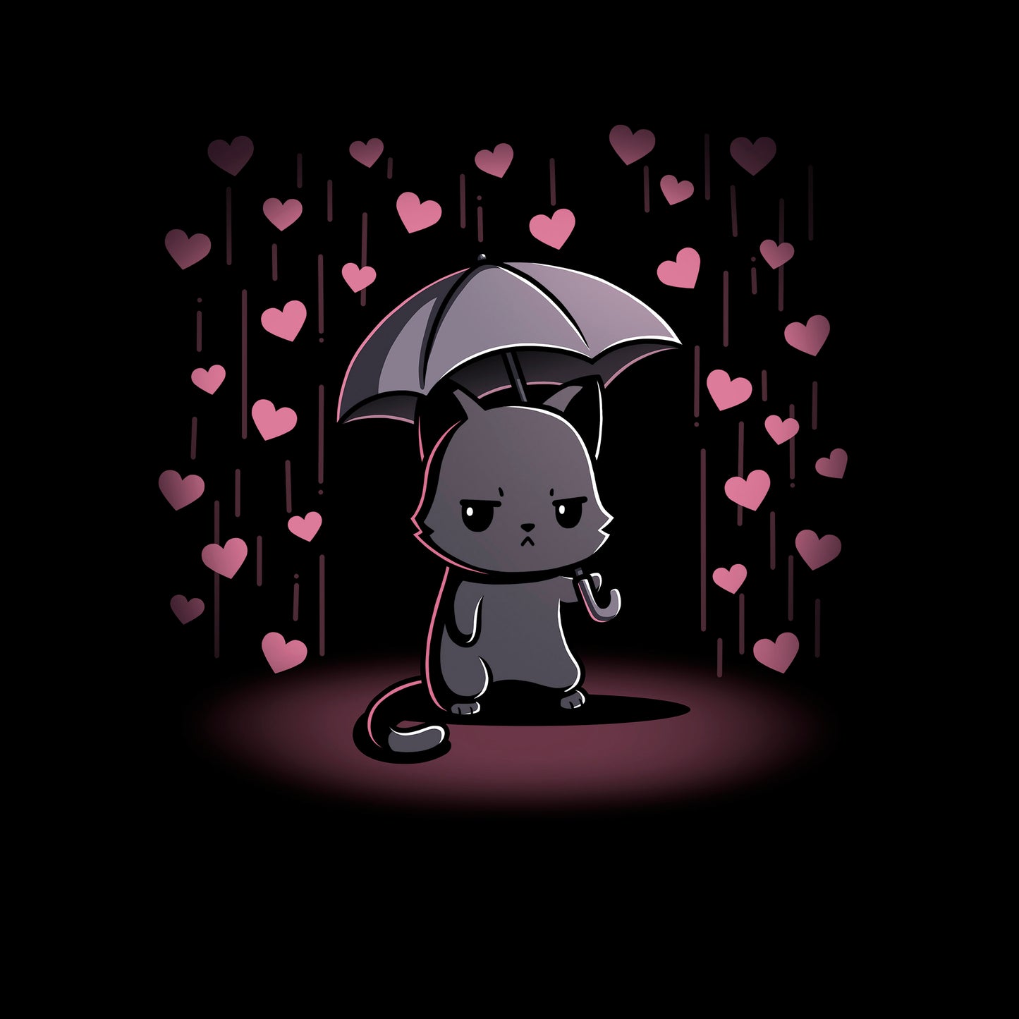 Long Sleeve T-shirt_TeeTurtle black Feeling Forecast Nope Long Sleeve T-shirt featuring a cat frowning and holding an umbrella, in the background there is pink rain with hearts.