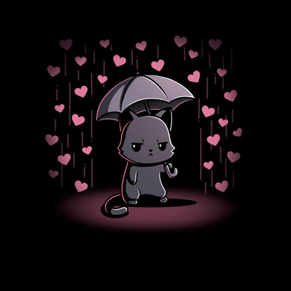 Long Sleeve T-shirt_TeeTurtle black Feeling Forecast Nope Long Sleeve T-shirt featuring a cat frowning and holding an umbrella, in the background there is pink rain with hearts.