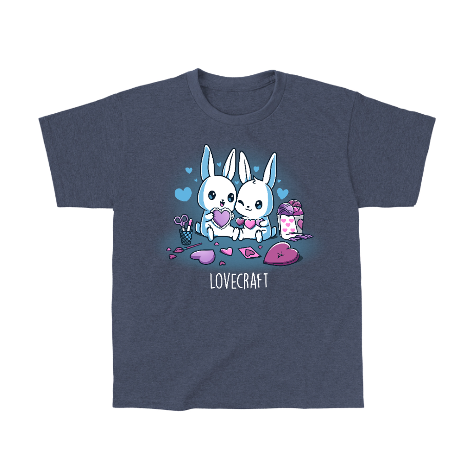 Classic Cotton T-shirt_TeeTurtle heather navy Lovecraft Bunnies Classic Cotton T-shirt featuring two bunnies doing love-themed crafts with hearts in the back and a caption that reads, "lovecraft".