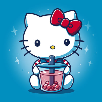 Classic Cotton T-shirt_Teeturtle Boba Hello Kitty sapphire blue t-shirt featuring Hello Kitty holding a pink boba drink with pink boba pearls surrounded by white stars.