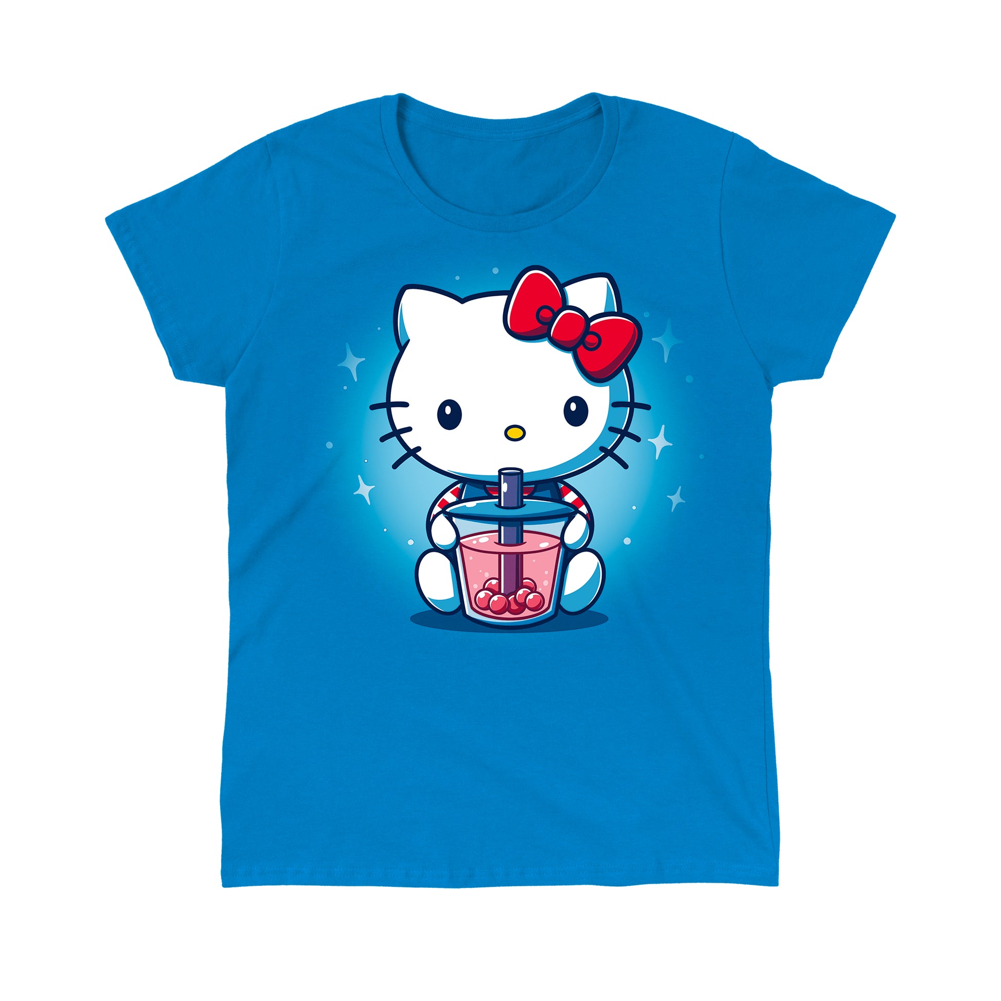 Classic Cotton T-shirt_Teeturtle Boba Hello Kitty sapphire blue t-shirt featuring Hello Kitty holding a pink boba drink with pink boba pearls surrounded by white stars.