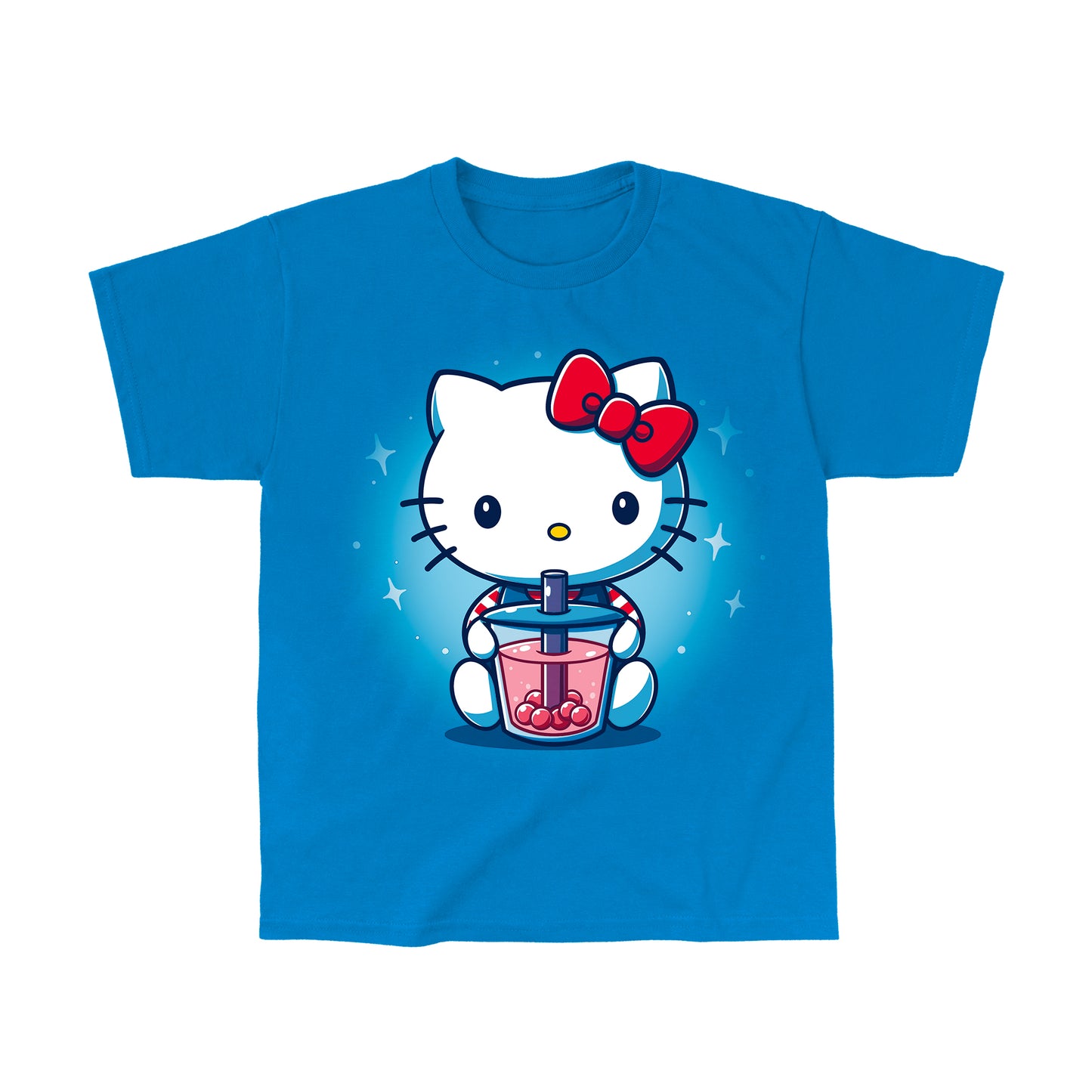 Classic Cotton T-shirt_Teeturtle Boba Hello Kitty sapphire blue t-shirt featuring Hello Kitty holding a pink boba drink with pink boba pearls surrounded by white stars.