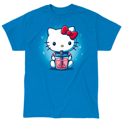 Classic Cotton T-shirt_Teeturtle Boba Hello Kitty sapphire blue t-shirt featuring Hello Kitty holding a pink boba drink with pink boba pearls surrounded by white stars.