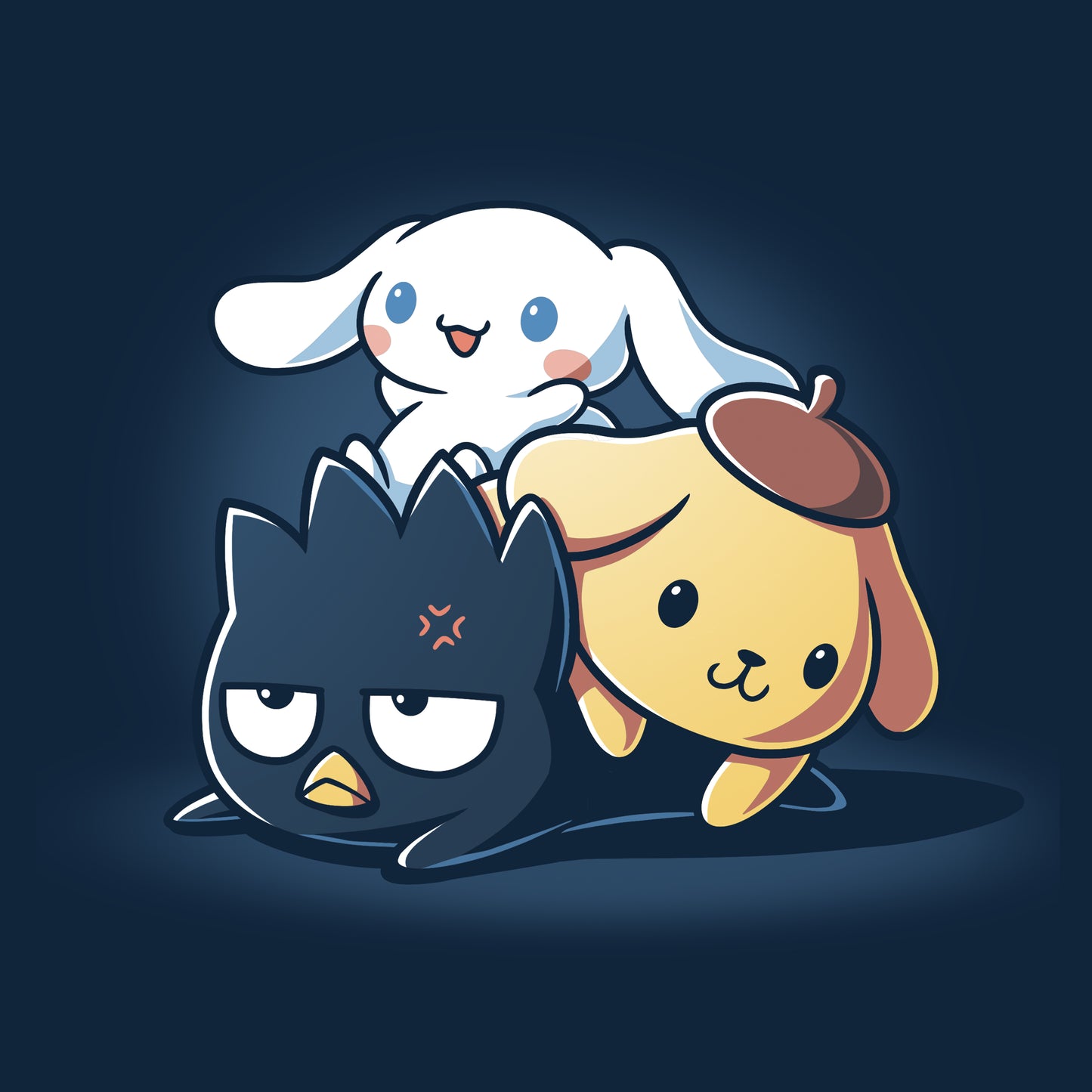 Pullover Hoodie_TeeTurtle Cinnamoroll, Badtz-Maru, and Pompompurin navy blue t-shirt featuring the characters stacked on top of each other with Cinnamoroll on top, Pompompurin in the middle, and Badtz-Maru on the bottom looking unamused.
