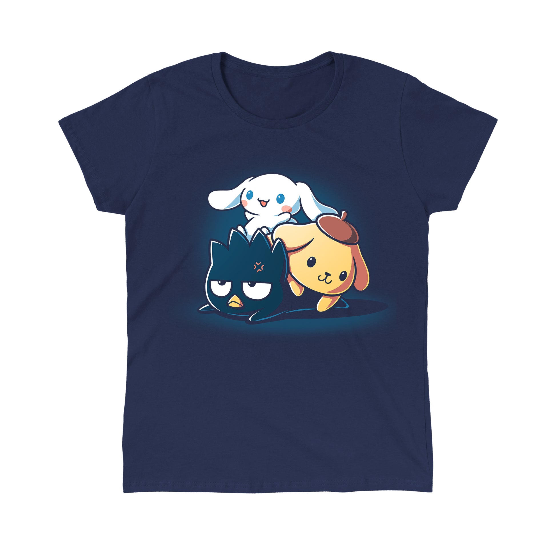 Classic Cotton T-shirt_TeeTurtle Cinnamoroll, Badtz-Maru, and Pompompurin navy blue t-shirt featuring the characters stacked on top of each other with Cinnamoroll on top, Pompompurin in the middle, and Badtz-Maru on the bottom looking unamused.