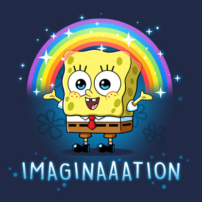 Classic Cotton T-shirt_TeeTurtle navy blue Imagination apparel featuring Spongebob Squarepants with his arms spread, and a rainbow above his head.