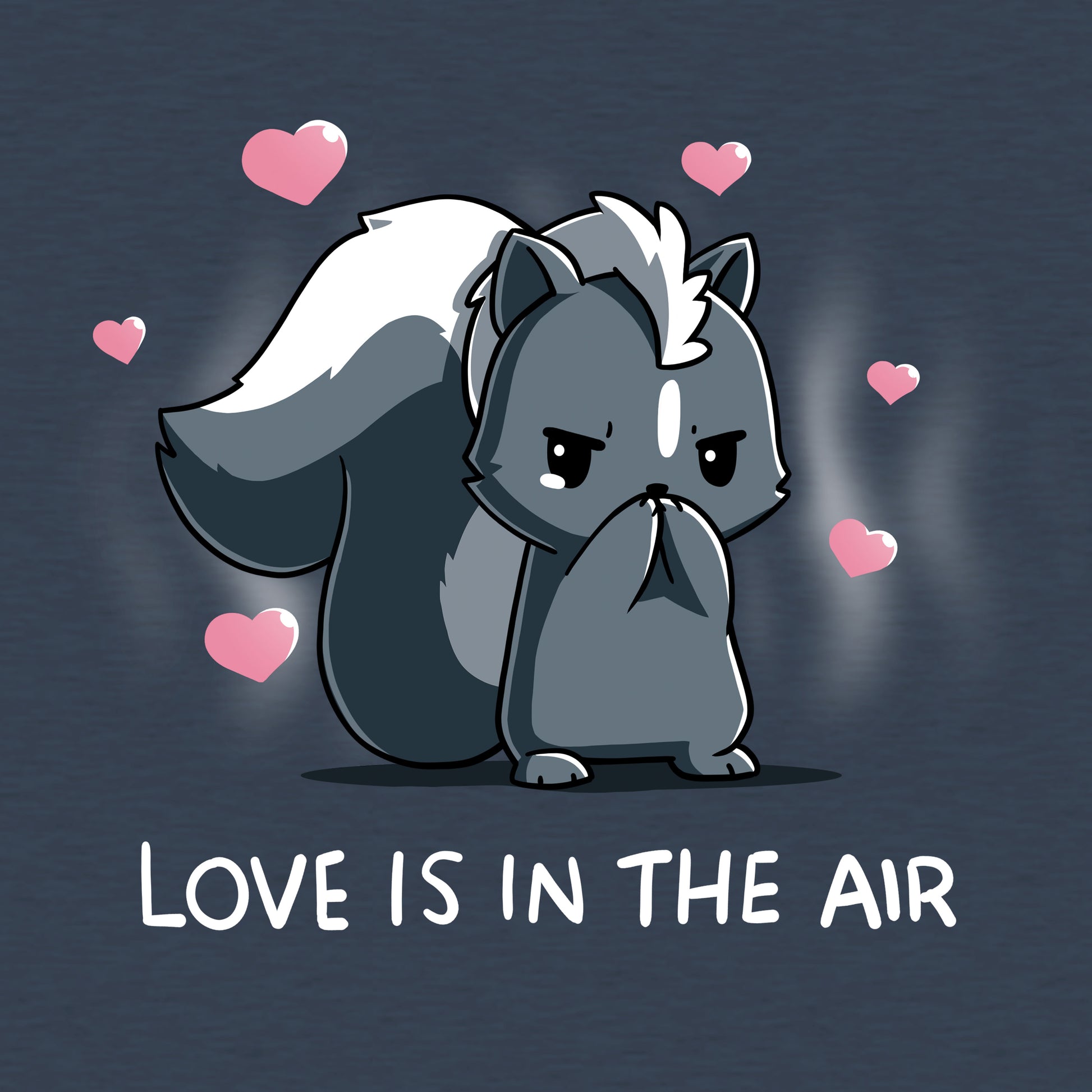 Classic Cotton T-Shirt_TeeTurtle heather navy Scentimental Feelings Classic Cotton T-Shirt featuring a skunk standing up on its back legs with its front paws covering its nose, hearts coming out in the background with the caption, "love is in the air".