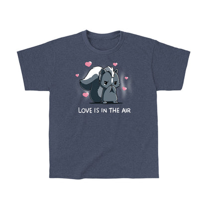 Classic Cotton T-Shirt_TeeTurtle heather navy Scentimental Feelings Classic Cotton T-Shirt featuring a skunk standing up on its back legs with its front paws covering its nose, hearts coming out in the background with the caption, "love is in the air".