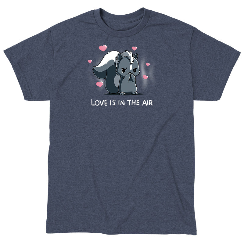 Classic Cotton T-Shirt_TeeTurtle heather navy Scentimental Feelings Classic Cotton T-Shirt featuring a skunk standing up on its back legs with its front paws covering its nose, hearts coming out in the background with the caption, "love is in the air".