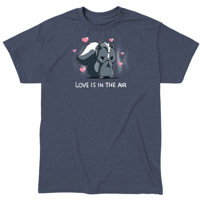 Classic Cotton T-Shirt_TeeTurtle heather navy Scentimental Feelings Classic Cotton T-Shirt featuring a skunk standing up on its back legs with its front paws covering its nose, hearts coming out in the background with the caption, "love is in the air".