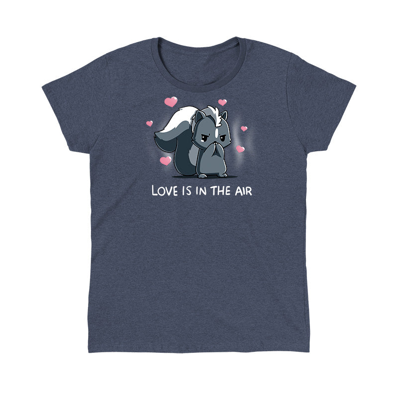 Classic Cotton T-Shirt_TeeTurtle heather navy Scentimental Feelings Classic Cotton T-Shirt featuring a skunk standing up on its back legs with its front paws covering its nose, hearts coming out in the background with the caption, "love is in the air".