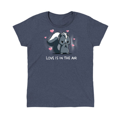Classic Cotton T-Shirt_TeeTurtle heather navy Scentimental Feelings Classic Cotton T-Shirt featuring a skunk standing up on its back legs with its front paws covering its nose, hearts coming out in the background with the caption, "love is in the air".