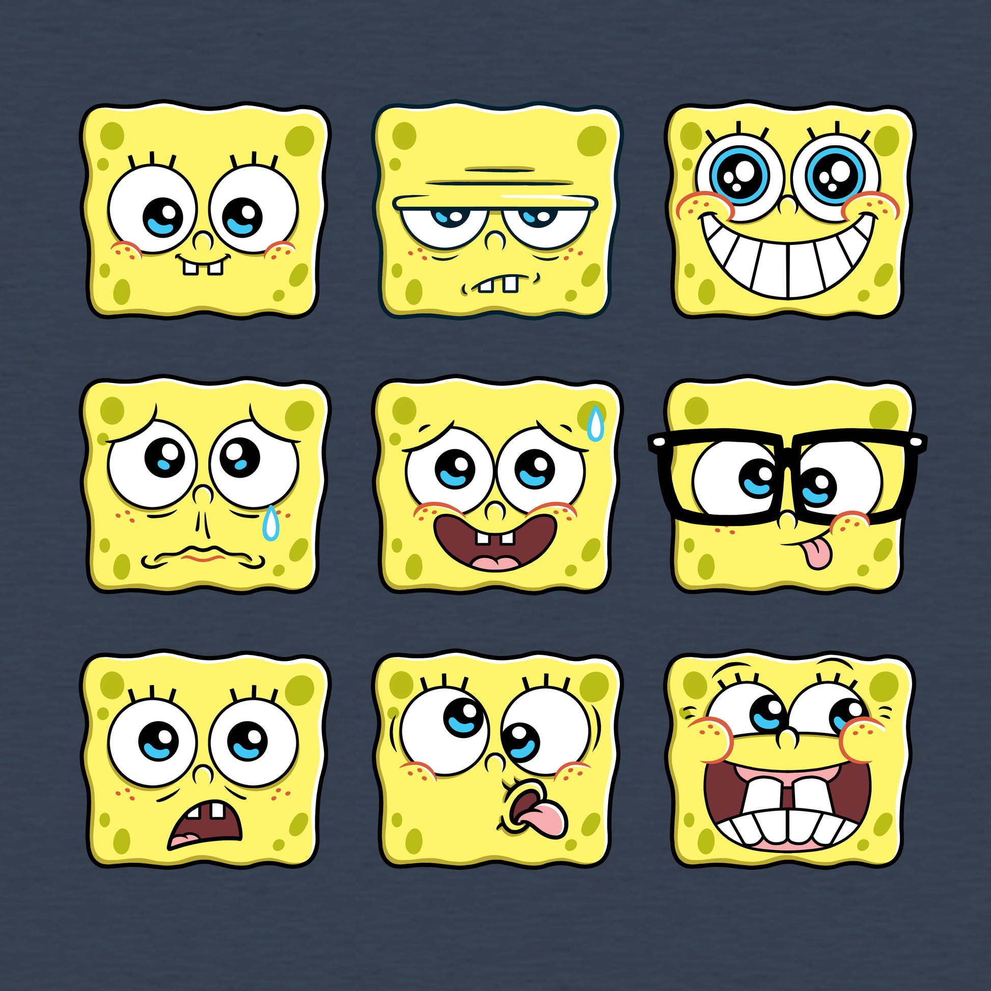 Classic Cotton T-shirt_TeeTurtle denim blue SpongeBob Expression Grid Classic Cotton t-shirt featuring a 3 by 3 grid of nine different SpongeBob SquarePants expressions ranging from delighted to silly to worried to grumpy. 
