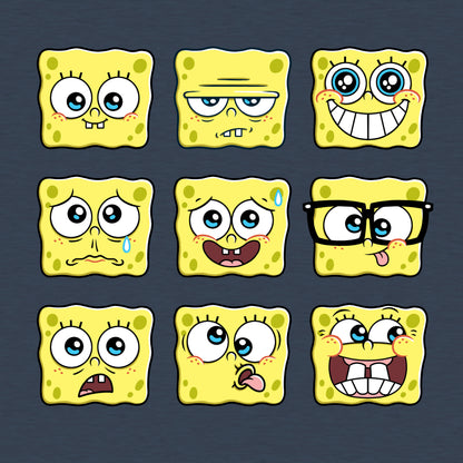 Classic Cotton T-shirt_TeeTurtle denim blue SpongeBob Expression Grid Classic Cotton t-shirt featuring a 3 by 3 grid of nine different SpongeBob SquarePants expressions ranging from delighted to silly to worried to grumpy. 
