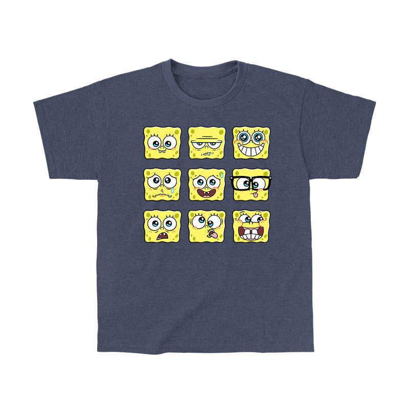 Classic Cotton T-shirt_TeeTurtle denim blue SpongeBob Expression Grid Classic Cotton t-shirt featuring a 3 by 3 grid of nine different SpongeBob SquarePants expressions ranging from delighted to silly to worried to grumpy. 
