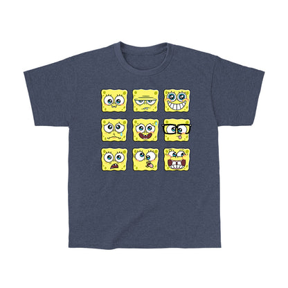 Classic Cotton T-shirt_TeeTurtle denim blue SpongeBob Expression Grid Classic Cotton t-shirt featuring a 3 by 3 grid of nine different SpongeBob SquarePants expressions ranging from delighted to silly to worried to grumpy. 
