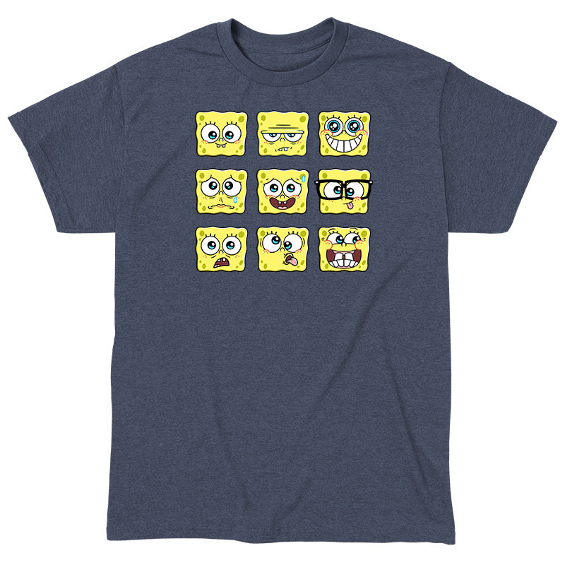Classic Cotton T-shirt_TeeTurtle denim blue SpongeBob Expression Grid Classic Cotton t-shirt featuring a 3 by 3 grid of nine different SpongeBob SquarePants expressions ranging from delighted to silly to worried to grumpy. 
