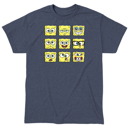 Classic Cotton T-shirt_TeeTurtle denim blue SpongeBob Expression Grid Classic Cotton t-shirt featuring a 3 by 3 grid of nine different SpongeBob SquarePants expressions ranging from delighted to silly to worried to grumpy. 
