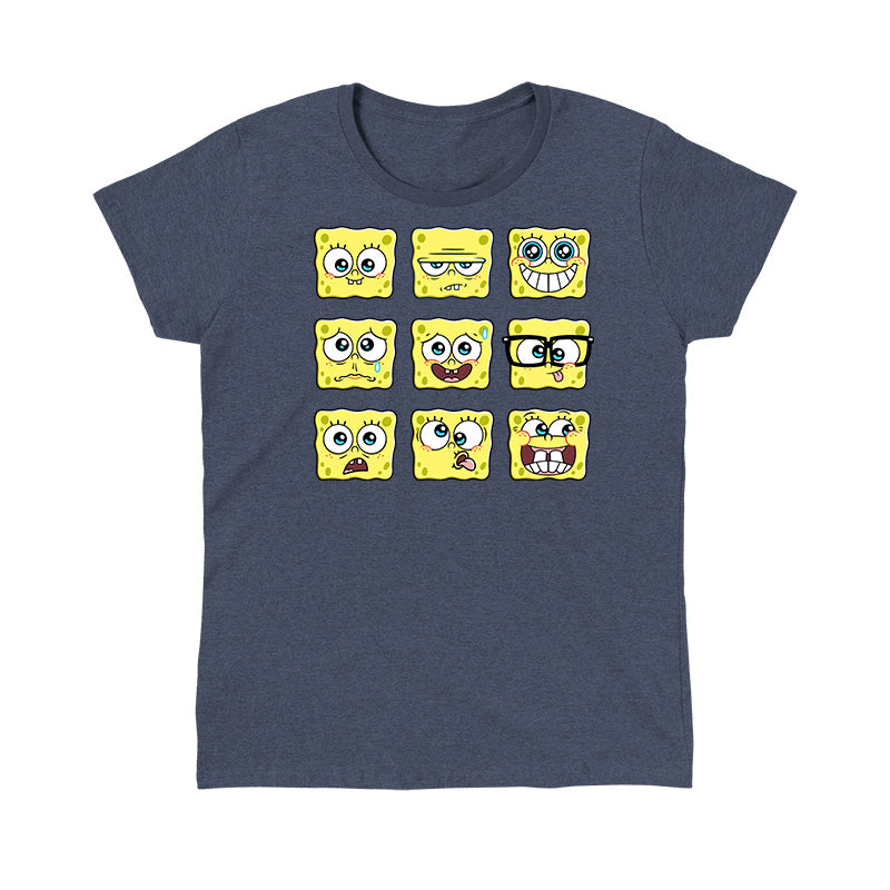 Classic Cotton T-shirt_TeeTurtle denim blue SpongeBob Expression Grid Classic Cotton t-shirt featuring a 3 by 3 grid of nine different SpongeBob SquarePants expressions ranging from delighted to silly to worried to grumpy. 
