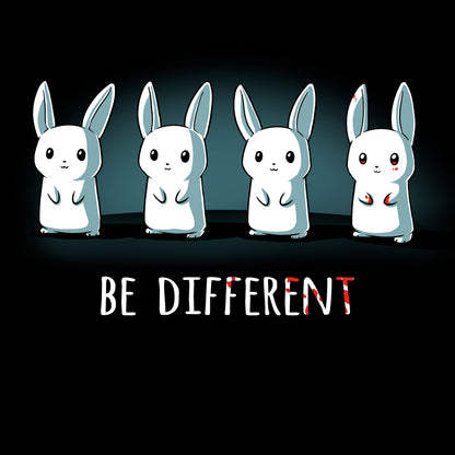 Classic Cotton T-shirt_Teeturtle Be Different (Glow) Black Featuring Four Cute White Bunnies, one with red eyes and a bit of blood on its paws with 'Be Different' written beneath with some of the letters spattered with blood.