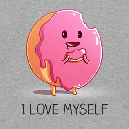 Classic Cotton T-shirt_Teeturtle I Love Myself Sport Grey Featuring a cute cartoon frosted pink donut holding a piece of itself its been eating with 'I Love Myself' written underneath.