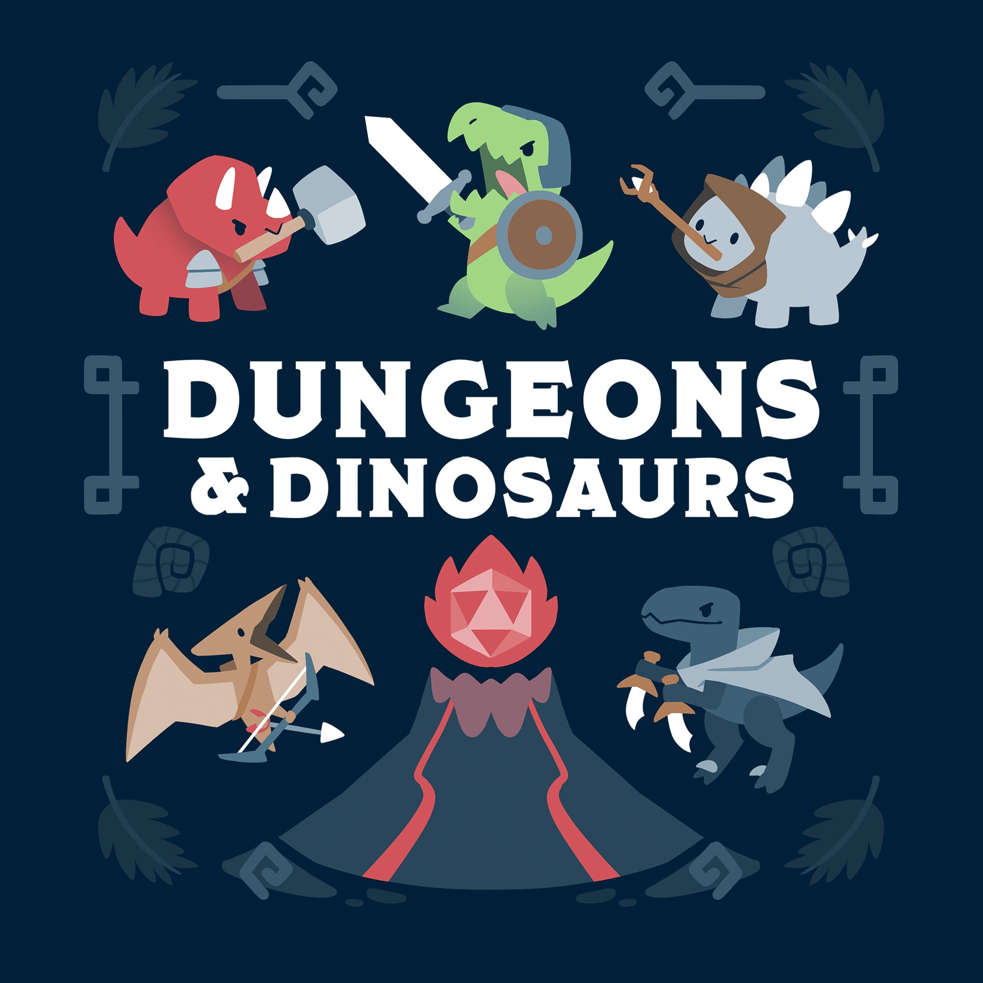 Classic Cotton T-shirt_TeeTurtle Dungeons & Dinosaurs navy blue t-shirt featuring an illustration of a  volcano erupting surrounded by numerous cartoon dinosaurs holding weapons. 