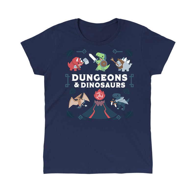 Classic Cotton T-shirt_TeeTurtle Dungeons & Dinosaurs navy blue t-shirt featuring an illustration of a  volcano erupting surrounded by numerous cartoon dinosaurs holding weapons. 