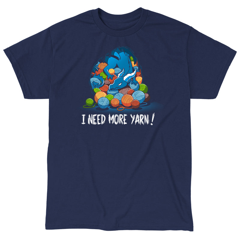 Classic Cotton T-shirt_TeeTurtle Yarn Hoarder navy blue t-shirt featuring a blue dragon sitting on top of a pile of multi-colored yarn balls. The words "I NEED MORE YARN!" are written underneath the illustration.