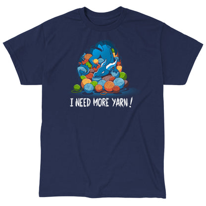 Classic Cotton T-shirt_TeeTurtle Yarn Hoarder navy blue t-shirt featuring a blue dragon sitting on top of a pile of multi-colored yarn balls. The words "I NEED MORE YARN!" are written underneath the illustration.