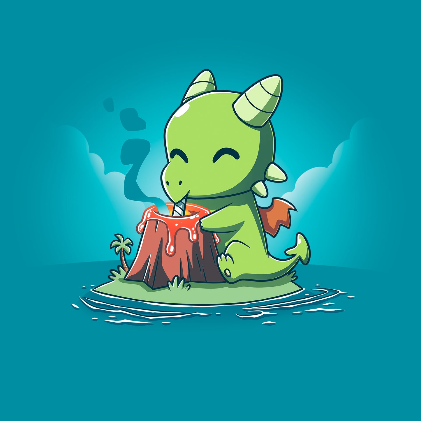 Classic Cotton T-shirt_TeeTurtle Magma Milkshake tropical blue t-shirt featuring an illustration of a green dragon sitting on a small island contently drinking lava from a volcano with a straw.