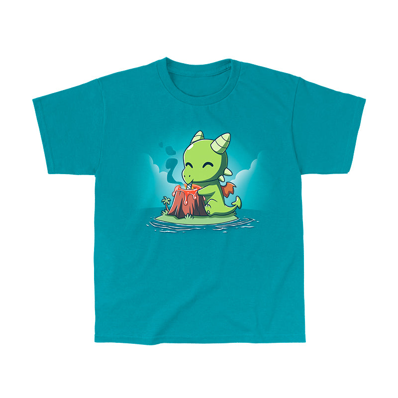 Classic Cotton T-shirt_TeeTurtle Magma Milkshake tropical blue t-shirt featuring an illustration of a green dragon sitting on a small island contently drinking lava from a volcano with a straw.