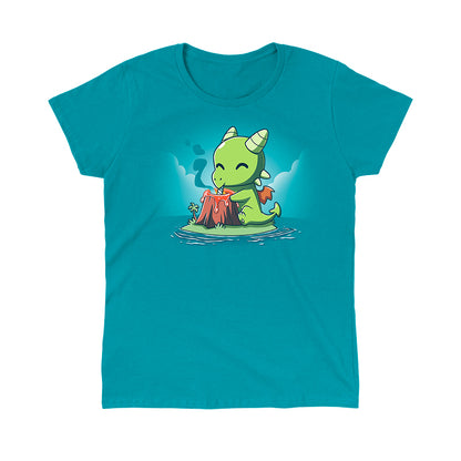 Classic Cotton T-shirt_TeeTurtle Magma Milkshake tropical blue t-shirt featuring an illustration of a green dragon sitting on a small island contently drinking lava from a volcano with a straw.