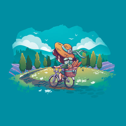 Classic Cotton T-shirt_TeeTurtle Countryside Biking tropical blue t-shirt featuring an illustration of a girl biking on a path in the countryside with bread and flowers in her basket. The path winds through rolling hills and fields of grass with small, white flowers. Green trees line the sides of the path, and lavender bushes are behind the trees, set against a light teal/turquoise sky, with fluffy white clouds and some birds.