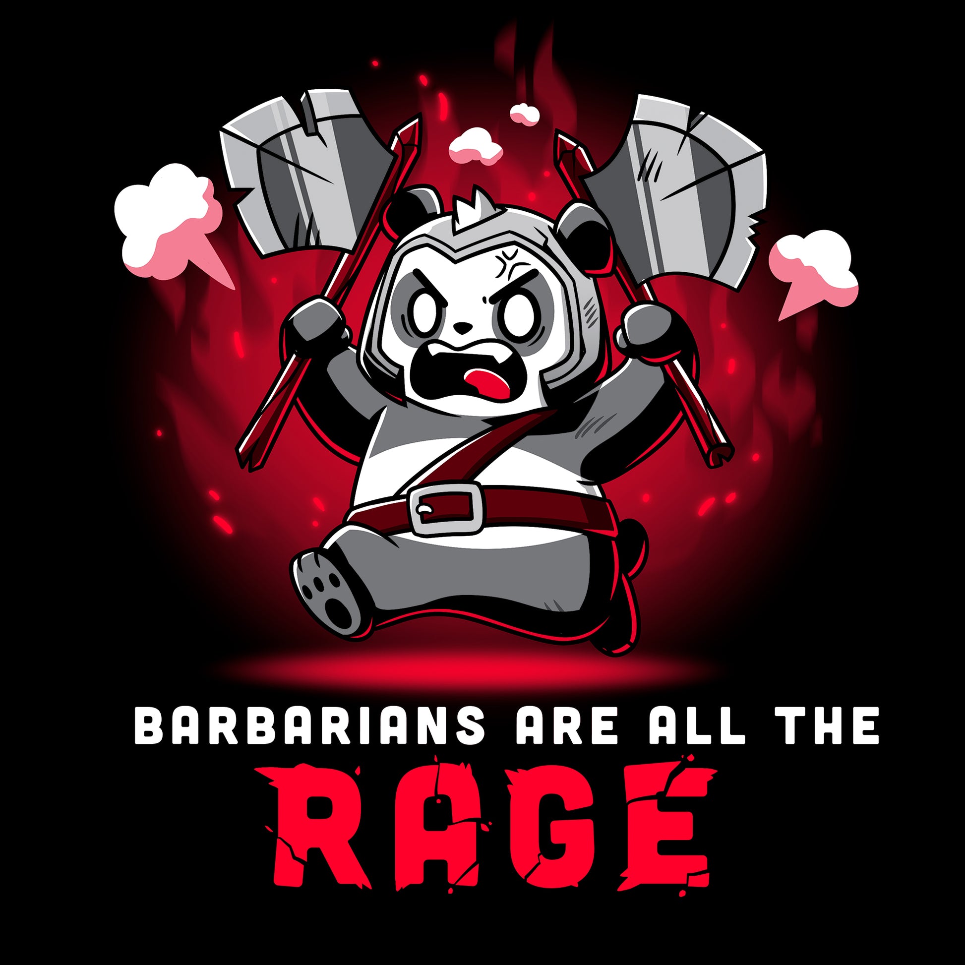 Classic Cotton T-shirt_TeeTurtle Barbarians are All the Rage black t-shirt featuring an angry panda wearing armor and holding axes in both hands with its arms raised high against a fiery red and black gradient background that resembles flames. "BARBARIANS ARE ALL THE RAGE" is written underneath.