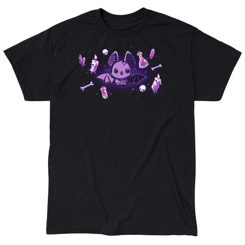 Classic Cotton T-shirt_TeeTurtle Bat & Baubles black t-shirt featuring a bat surrounded by glowing candles, bones, potion bottles, skulls, and crystals.