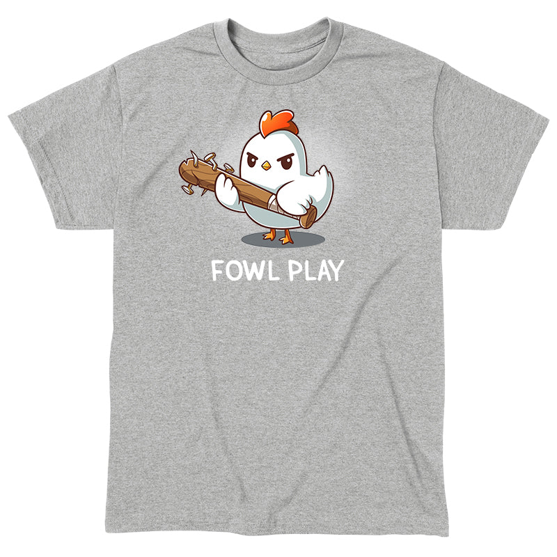 Classic Cotton T-shirt_TeeTurtle Fowl Play heather gray t-shirt featuring a white chicken looking devious holding a brown baseball bat with nails protruding from the end. "FOWL PLAY" is written below.