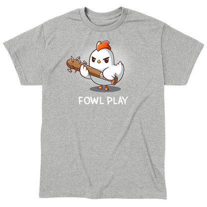 Classic Cotton T-shirt_TeeTurtle Fowl Play heather gray t-shirt featuring a white chicken looking devious holding a brown baseball bat with nails protruding from the end. "FOWL PLAY" is written below.