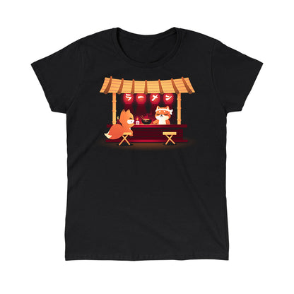 Classic Cotton T-shirt_TeeTurtle Shiba's Ramen Stall black t-shirt featuring an orange fox sitting being served by an orange shiba inu at a food stall. The stall is decorated with red lanterns and a bowl of steaming noodles is being served. 