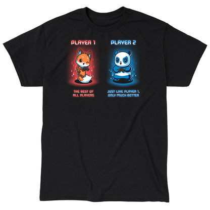 Classic Cotton T-shirt_TeeTurtle Player 1 and Player 2 black t-shirt featuring a fox and panda holding video game controllers in a player selection screen.