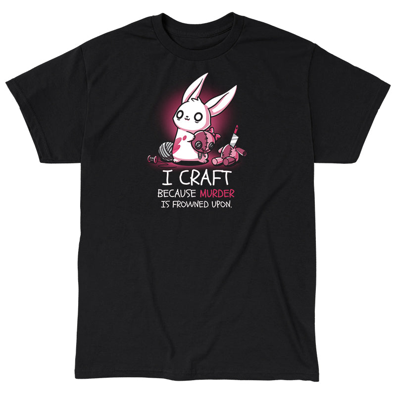 Classic Cotton T-shirt_TeeTurtle black Murder is Frowned Upon. Featuring a bunny holding a beheaded doll head and the doll's body sitting to the side with a knife sticking out of its neck.