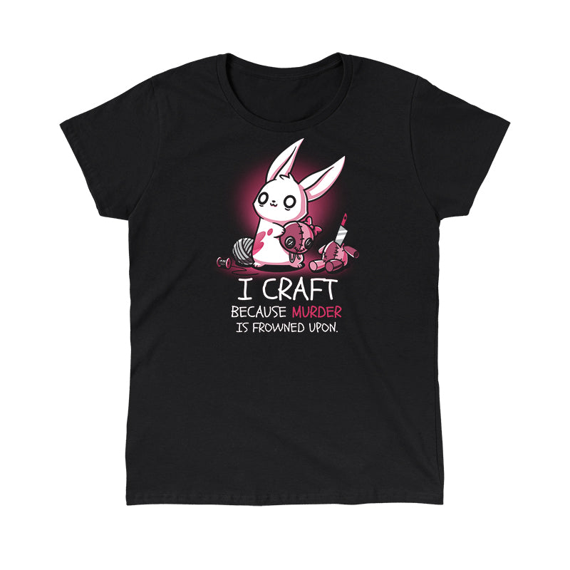 Classic Cotton T-shirt_TeeTurtle black Murder is Frowned Upon. Featuring a bunny holding a beheaded doll head and the doll's body sitting to the side with a knife sticking out of its neck.