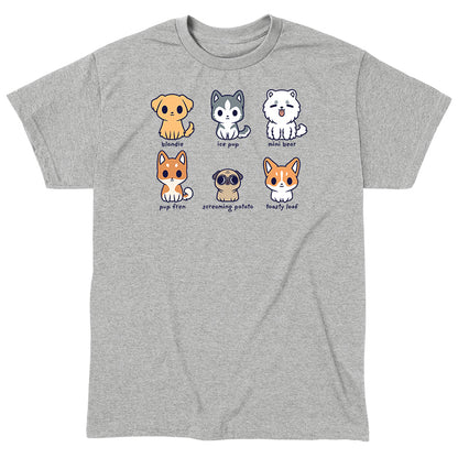 Classic Cotton T-shirt_TeeTurtle Dog Names silver heather gray t-shirt featuring six cartoon dogs with their names written underneath. The names are "blondie, ice pup, mini bear, pup fren, screaming potato, and toasty loaf."