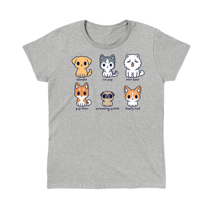 Classic Cotton T-shirt_TeeTurtle Dog Names silver heather gray t-shirt featuring six cartoon dogs with their names written underneath. The names are "blondie, ice pup, mini bear, pup fren, screaming potato, and toasty loaf."