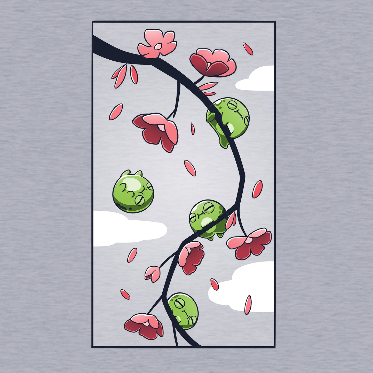 Classic Cotton T-shirt_TeeTurtle Cherry Blossom Frogs heather gray t-shirt featuring three three cartoon frogs sleeping on a cherry blossom branch and one frog floating while sleeping.