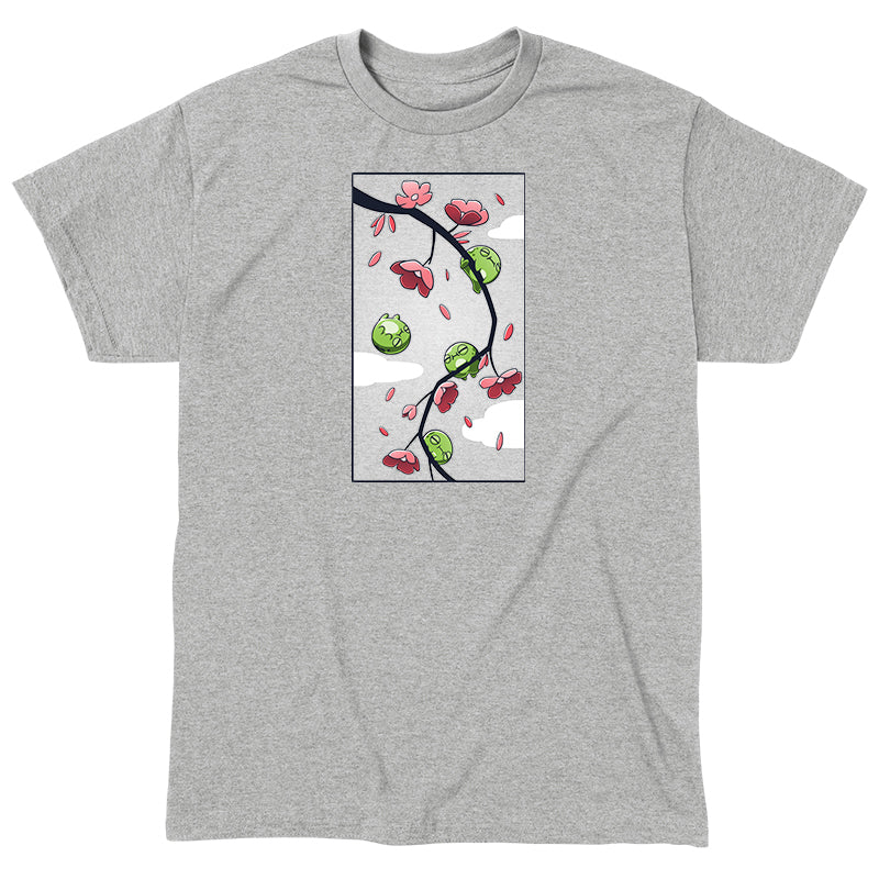 Classic Cotton T-shirt_TeeTurtle Cherry Blossom Frogs heather gray t-shirt featuring three three cartoon frogs sleeping on a cherry blossom branch and one frog floating while sleeping.