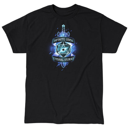 Classic Cotton T-shirt_TeeTurtle Infinite odd, eternal stories black t-shirt featuring a glowing sword and a d20 flanked by banners.