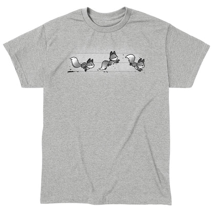 Classic Cotton T-shirt_TeeTurtle See Fox Run silver heather gray t-shirt featuring 3 gray cartoon foxes running in a line. 