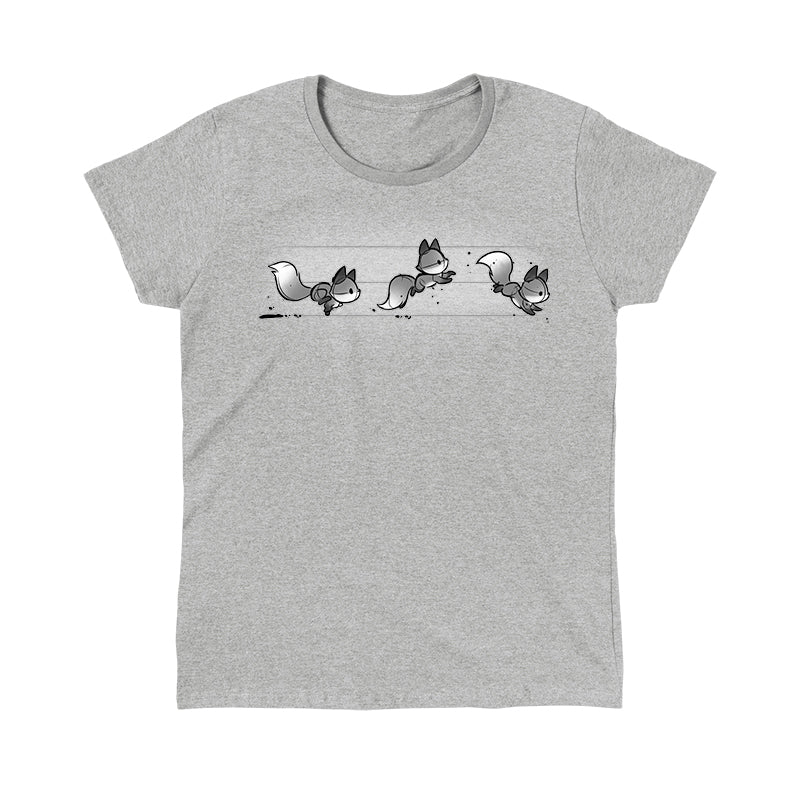 Classic Cotton T-shirt_TeeTurtle See Fox Run silver heather gray t-shirt featuring 3 gray cartoon foxes running in a line. 